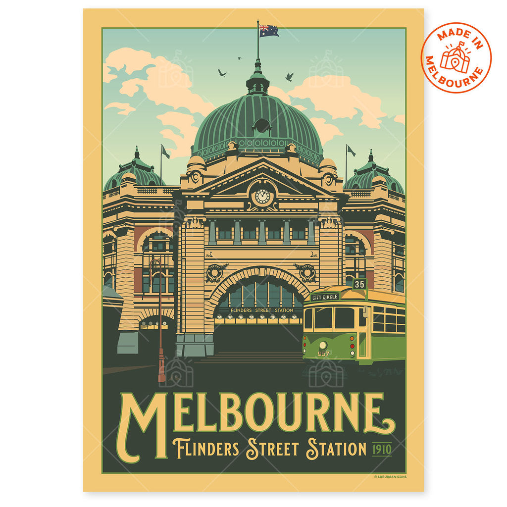 Flinders Street Station Melbourne 1910 Suburban Icon Vintage Travel Poster