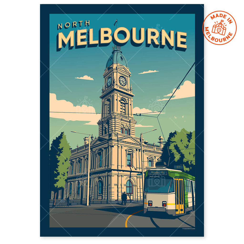 North Melbourne Town Hall and Tram Suburban Icon Poster